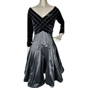 VTG 90s Tadashi Collection Velvet Ruched Sleeve Taffeta Skirt Off Shoulder Dress